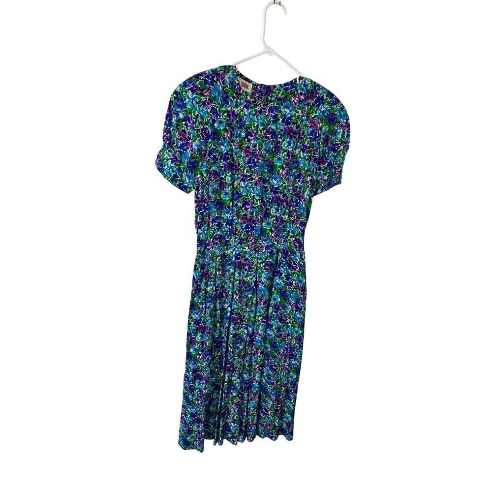 Vintage Maggy London Women's Blue Floral Short Sleeve Midi Dress - 12